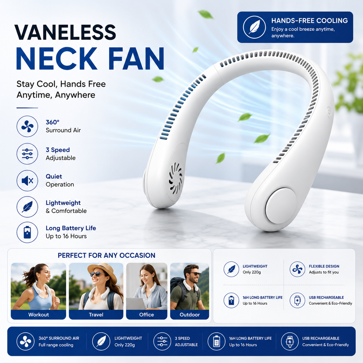 Portable Neck Fan – Hands-Free Rechargeable Personal Cooling Fan with Adjustable Speeds
Stay Cool Anywhere, Anytime