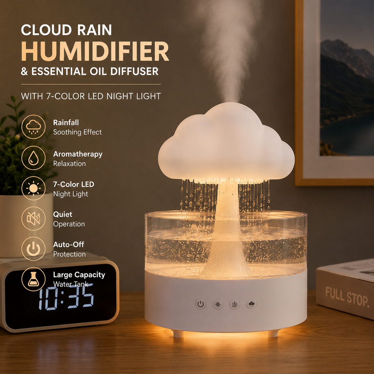 Cloud Rain Humidifier – LED Mist Diffuser & Relaxing Rain Effect