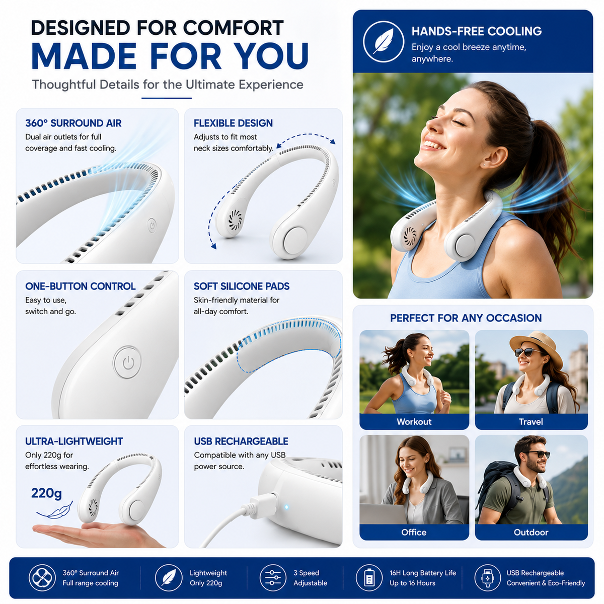 Portable Neck Fan – Hands-Free Rechargeable Personal Cooling Fan with Adjustable Speeds

Stay Cool Anywhere, Anytime